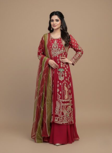 Close-up of a red hand embellished net bridal outfit with heavy silver and gold embroidery, paired with a vibrant green and red striped organza dupatta. Includes embroidered bodice, panels on net, cotton inner, and raw silk trouser.