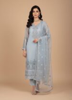 Light Blue Embroidered Net Dress material with silver vertical lines and intricate teal, pink, and gold floral and dome embroidery along the border. Includes the matching heavily embroidered net dupatta.