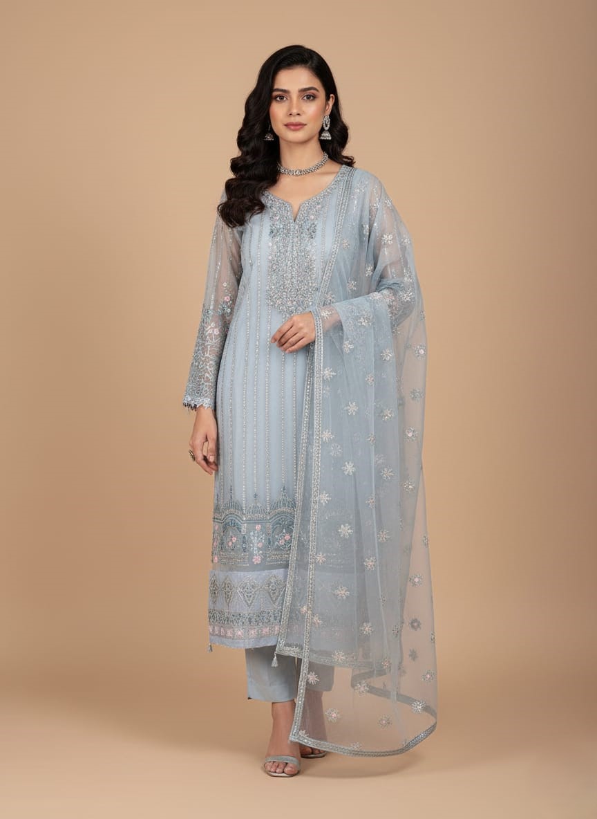 Luxury Light Blue Embroidered Net Dress Material 3 PC Unstitched - 1 Light Blue Embroidered Net Dress material with silver vertical lines and intricate teal, pink, and gold floral and dome embroidery along the border. Includes the matching heavily embroidered net dupatta.