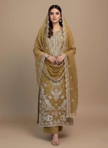 A highly detailed, unstitched Mustard Chiffon Embroidered Dress material featuring heavy, intricate white threadwork and subtle gold accents, laid flat with a matching embroidered dupatta/pallu piece above it. Includes raw silk trouser material