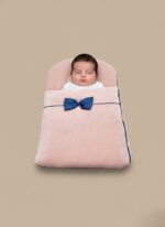 Pink velvet baby sleeping bag with blue bow for infants