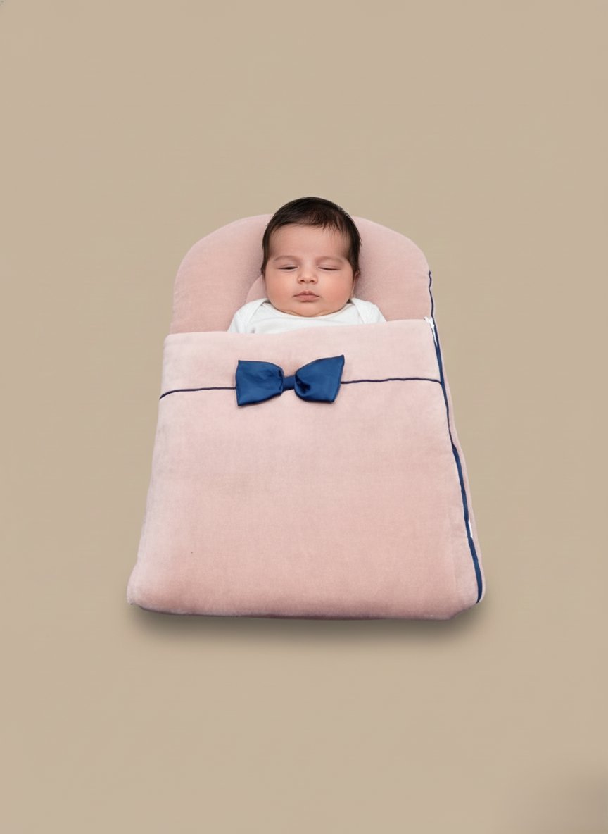 Luxury Pink Velvet Baby Sleeping Bag with Blue Bow Cozy Infant Swaddle Sack - 1 Pink velvet baby sleeping bag with blue bow for infants