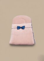 Pink velvet baby sleeping bag with blue bow for infants