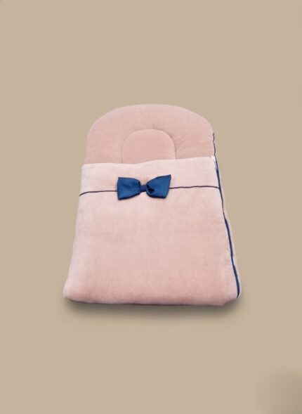 Pink velvet baby sleeping bag with blue bow for infants