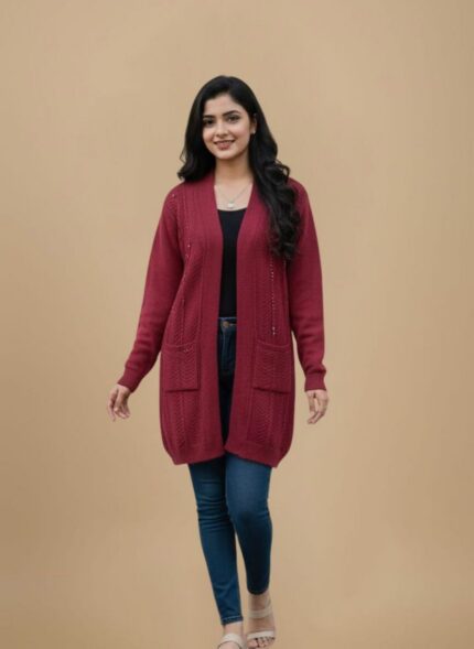 Maroon Open Front Sweater with Studs