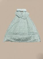 A flat lay image of a mauve embroidered net maxi dress with a short jacket-style bodice and a flowing skirt, accompanied by a matching plain mauve net dupatta, all laid out on a beige background.