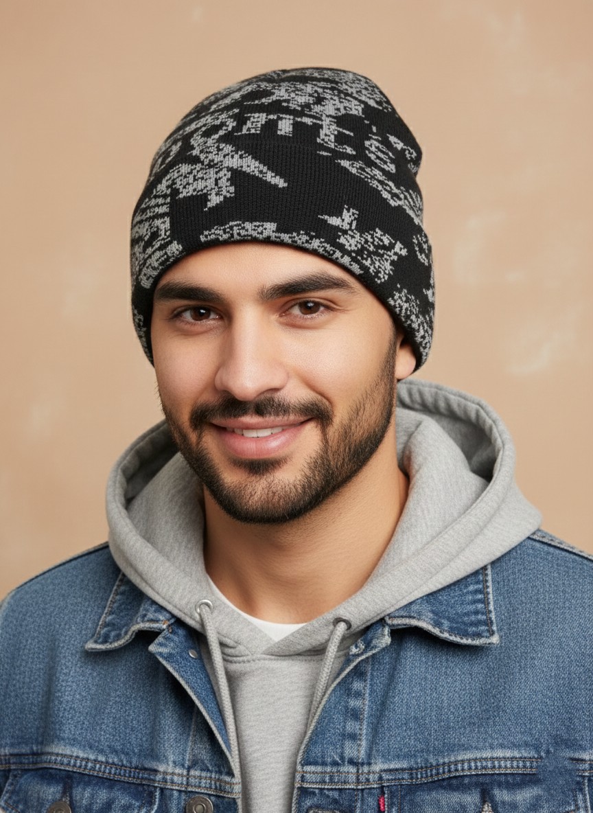 Men's Black & Grey Abstract Patterned Sports Beanie Image of a man wearing a black beanie with a grey abstract pattern and the word "SPORTS" knitted into the design.