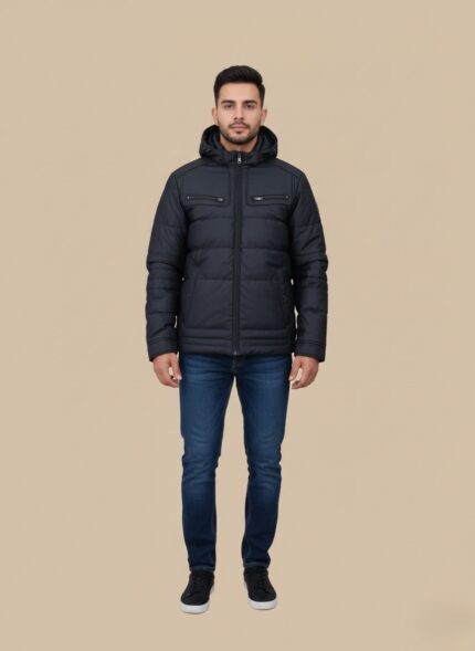 Men's black hooded puffer jacket with zippers and quilted details, shown against a neutral background.
