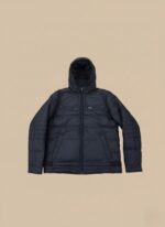 Men's black hooded puffer jacket with zippers and quilted details, shown against a neutral background.