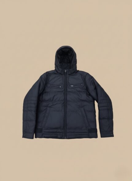 Men's black hooded puffer jacket with zippers and quilted details, shown against a neutral background.