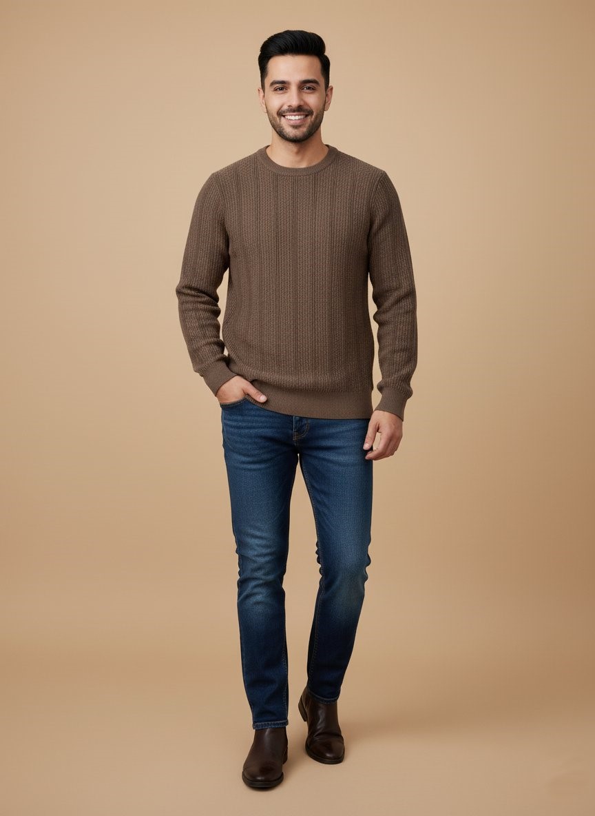 Men's Brown Textured Knit Crew Neck Sweater Men's brown textured knit crew neck sweater, worn by a man with dark jeans.
