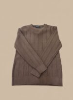 Men's brown textured knit crew neck sweater, worn by a man with dark jeans.