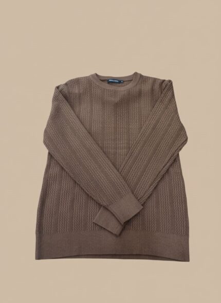 Men's brown textured knit crew neck sweater, worn by a man with dark jeans.