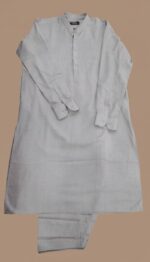 Image of a man wearing a plain grey kurta pajama set with a band collar.