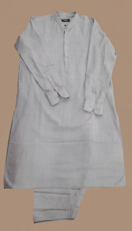 Image of a man wearing a plain grey kurta pajama set with a band collar.