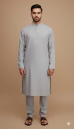 Image of a man wearing a plain grey kurta pajama set with a band collar.