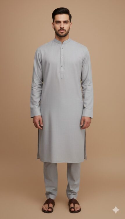Image of a man wearing a plain grey kurta pajama set with a band collar.