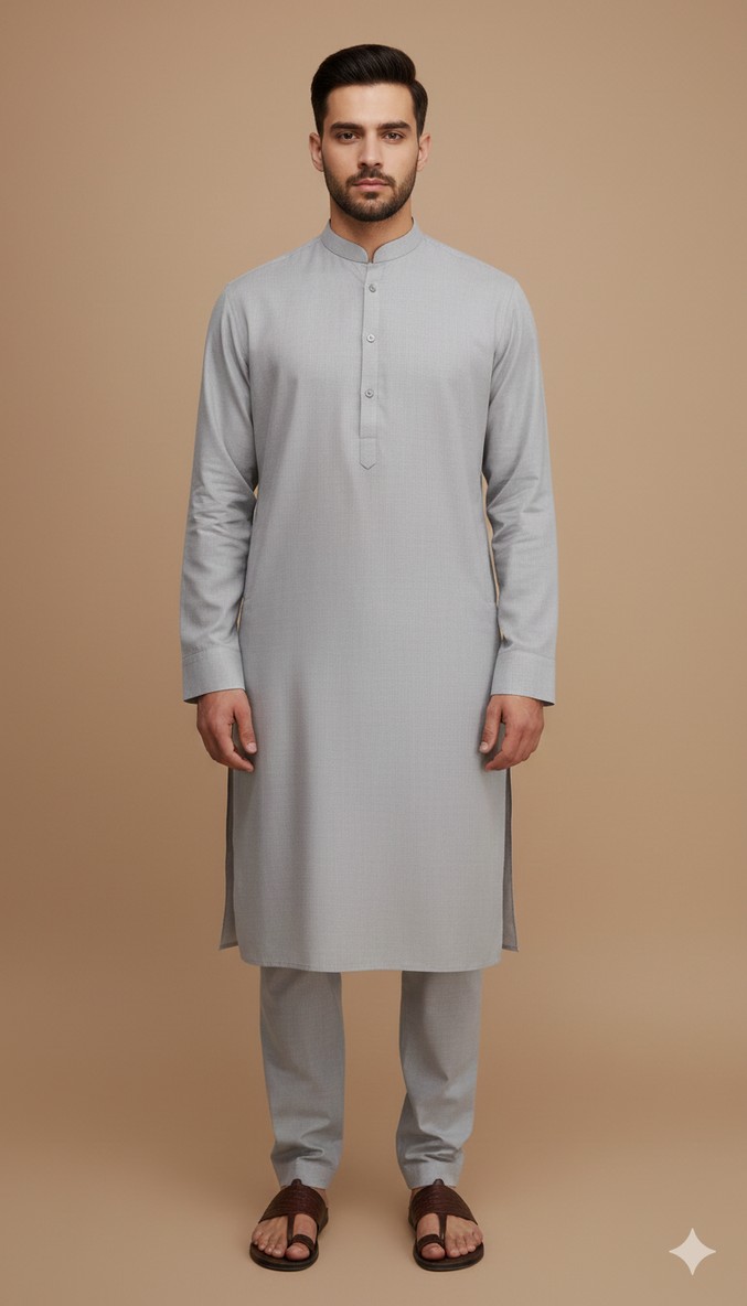 Men's Classic Plain Grey Kurta Pajama Set Image of a man wearing a plain grey kurta pajama set with a band collar.
