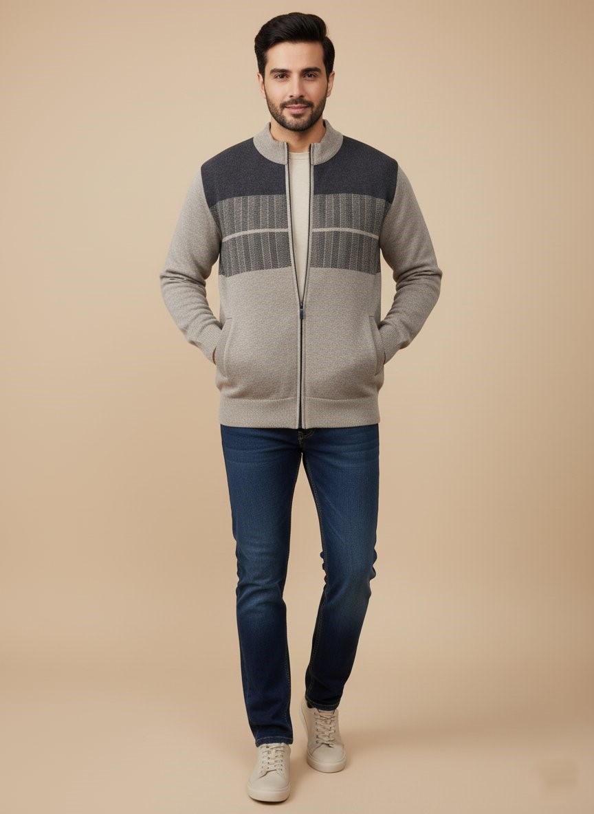 Men's Color Block Full Zip Sweater A man wearing a men's color block full zip sweater in light grey and dark charcoal grey with a full zipper, dark blue jeans, and white sneakers, standing against a plain background.