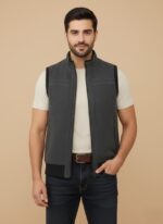 Dark grey men's full-zip fleece vest with a stand collar, two front pockets, and a black ribbed hem.