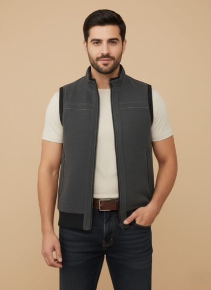 Dark grey men's full-zip fleece vest with a stand collar, two front pockets, and a black ribbed hem.