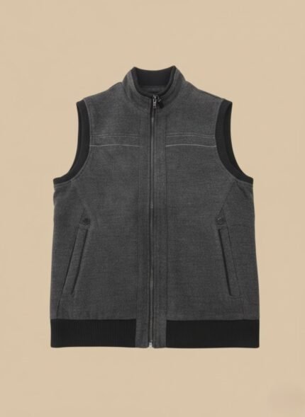 Dark grey men's full-zip fleece vest with a stand collar, two front pockets, and a black ribbed hem.
