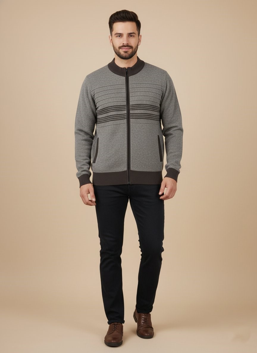 Men's Grey Full Zip Sweater A man wearing a men's grey full zip sweater with dark brown horizontal stripes and dark pants, standing against a neutral background.