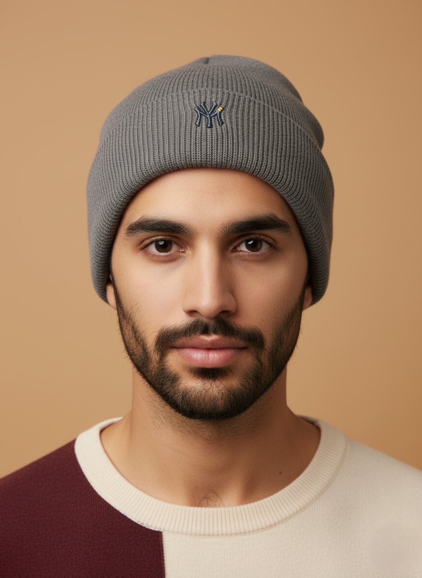 Men's Grey Knit Beanie with Embroidered Logo - Warm & Stylish Winter Hat - 1 Men's grey knit beanie with an embroidered logo on a neutral background, a warm and stylish winter hat accessory.