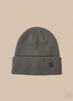 Men's grey knit beanie with an embroidered logo on a neutral background, a warm and stylish winter hat accessory.
