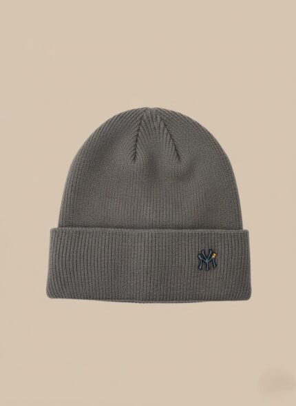 Men's grey knit beanie with an embroidered logo on a neutral background, a warm and stylish winter hat accessory.