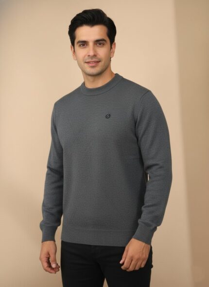 Men's dark grey textured knit crew neck sweater with a small emblem, worn by a man.