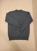 Men's dark grey textured knit crew neck sweater with a small emblem, worn by a man.