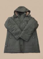 Men's dark green heavyweight hooded winter parka jacket, waterproof and warm.