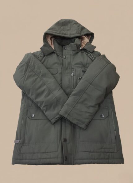 Men's dark green heavyweight hooded winter parka jacket, waterproof and warm.