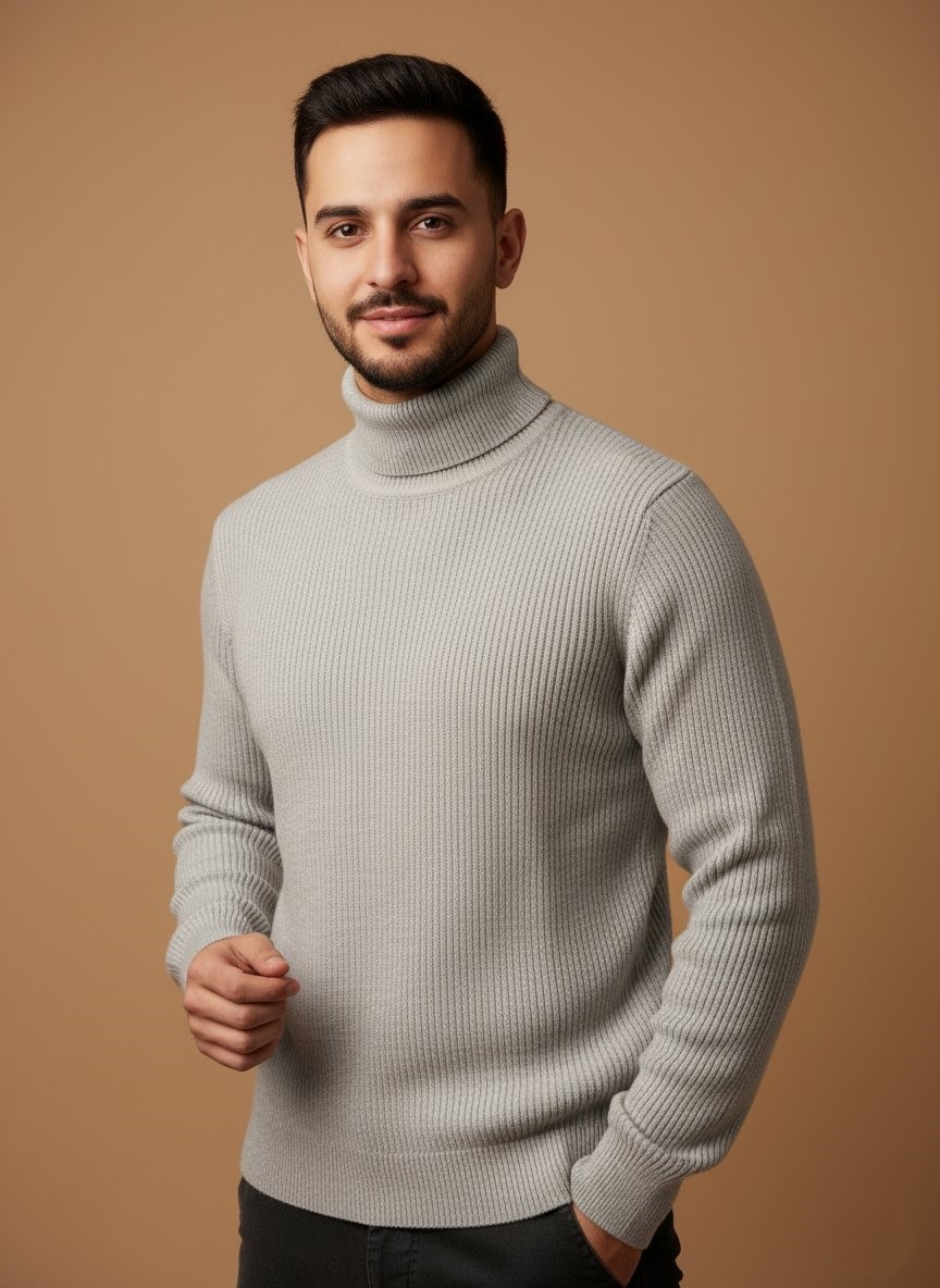 Men's Light Grey Ribbed Turtleneck Sweater Men's light grey ribbed knit turtleneck sweater, shown on a man.