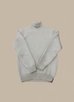 Men's light grey ribbed knit turtleneck sweater, shown on a man.