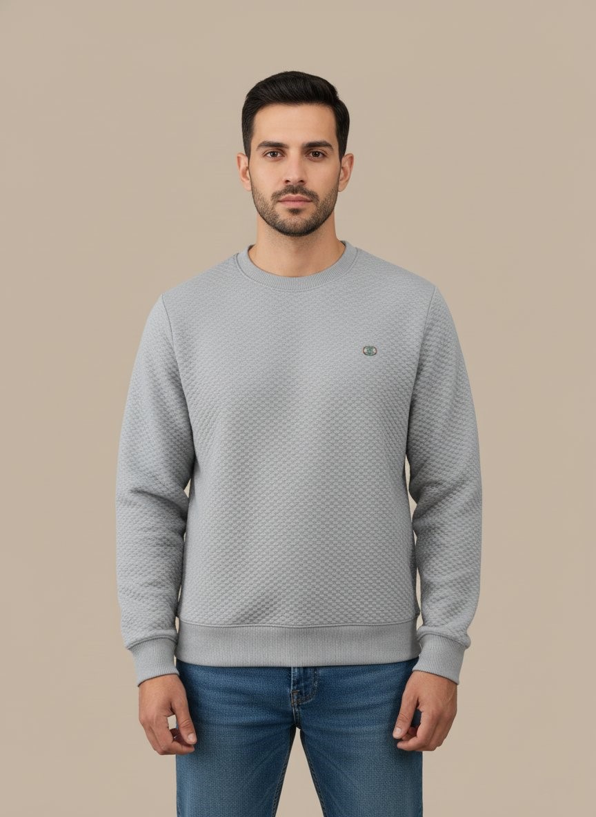 Men's Light Grey Textured Crew Neck Sweater Men's light grey textured crew neck sweater on a model, highlighting the subtle pattern and relaxed fit of the light grey pullover.