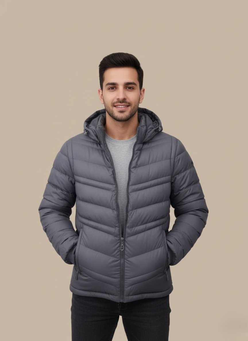 Men's Lightweight Hooded Puffer Jacket - 1 Men's grey lightweight hooded puffer jacket with full zip closure and quilted design.