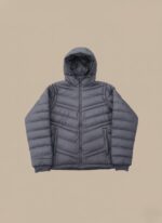 Men's grey lightweight hooded puffer jacket with full zip closure and quilted design.