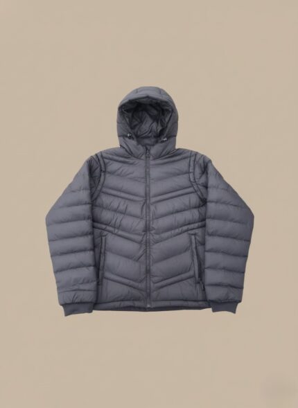 Men's grey lightweight hooded puffer jacket with full zip closure and quilted design.