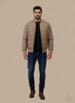 Men's lightweight puffer jacket, full zip, bomber style, insulated, tan color, horizontal quilting, everyday wear.