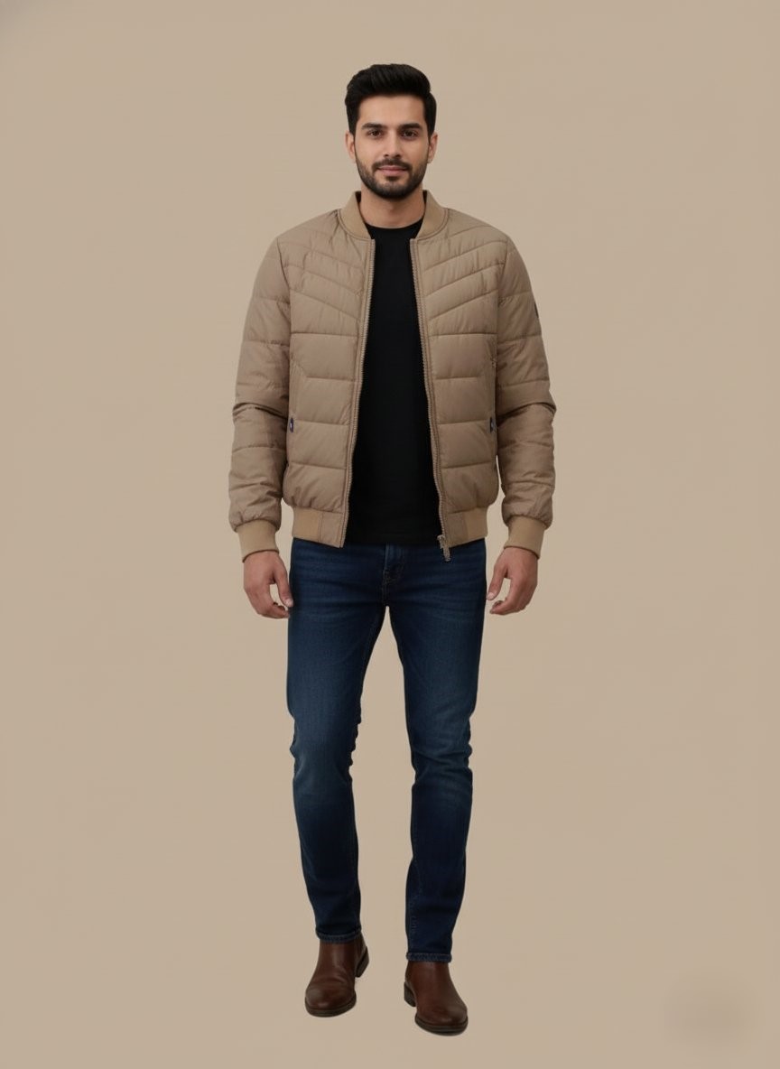 Men's Lightweight Puffer Jacket - 1 Men's lightweight puffer jacket, full zip, bomber style, insulated, tan color, horizontal quilting, everyday wear.