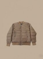 Men's lightweight puffer jacket, full zip, bomber style, insulated, tan color, horizontal quilting, everyday wear.