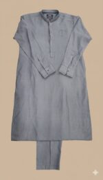 Image of a man in a modern grey textured kurta pajama set with a shield emblem on the chest and side pockets.