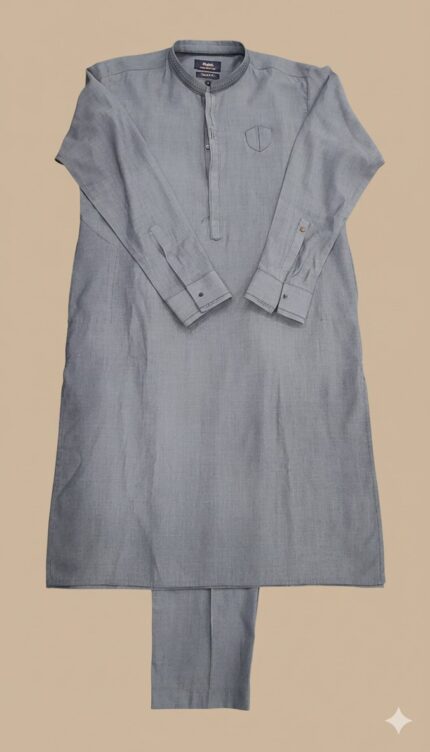 Image of a man in a modern grey textured kurta pajama set with a shield emblem on the chest and side pockets.