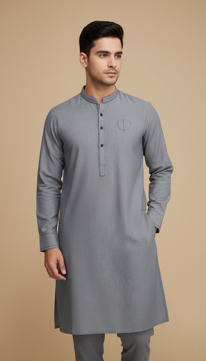 Men's Modern Grey Textured Kurta Pajama Set Image of a man in a modern grey textured kurta pajama set with a shield emblem on the chest and side pockets.