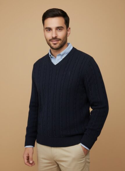 Men's navy cable knit V-neck sweater with an intricate textured pattern, worn by a model and layered over a light blue shirt.