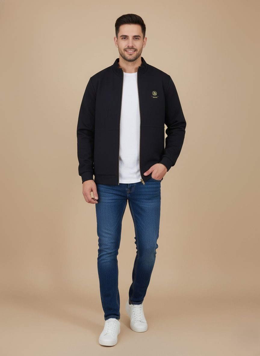 Men's Navy Zip-Up Track Jacket - 1 Elevate your casual wardrobe with our premium Men's Navy Zip-Up Track Jacket. This versatile jacket is designed for comfort and style, perfect for layering during transitional weather or as a light outer layer for your daily activities. Crafted from a soft and durable fabric, it features a full-zip front, a comfortable stand-up collar, and ribbed cuffs and hem for a snug fit. The deep navy color offers timeless appeal, making it easy to pair with a variety of outfits, from athletic wear to smart-casual ensembles. It also features a subtle, elegant emblem on the chest, adding a touch of sophisticated branding. Whether you're heading to the gym, running errands, or enjoying a relaxed weekend, this men's navy zip-up jacket provides both warmth and a sleek silhouette. Discover the perfect blend of fashion and functionality with this essential piece of men's outerwear.