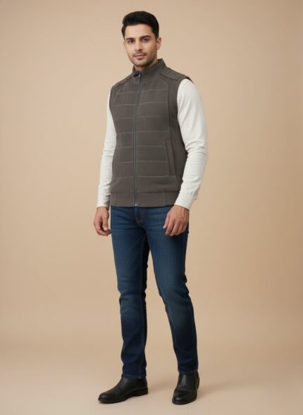 Dark grey men's padded vest with a full zipper, high collar, ribbed bottom hem, and horizontal stitching.