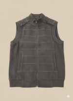 Dark grey men's padded vest with a full zipper, high collar, ribbed bottom hem, and horizontal stitching.